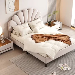 Gutent Lit adulte lit 140x200 cm lit rembourré lit cadre à lamelles lit double velours beige Best