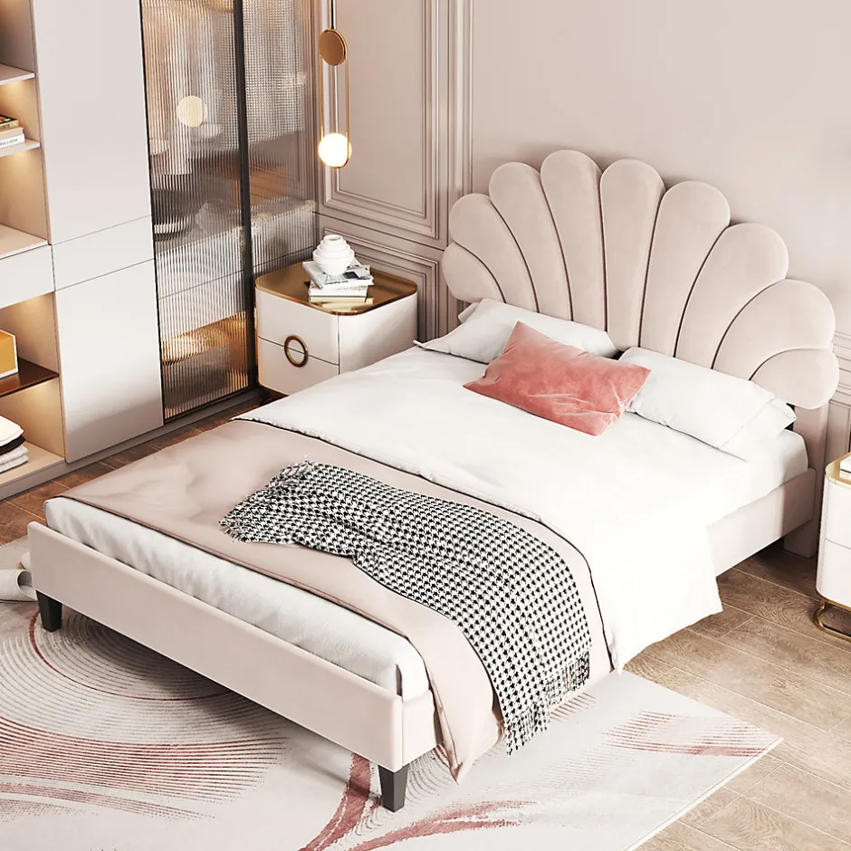 Gutent Lit adulte lit 140x200 cm lit rembourré lit cadre à lamelles lit double velours beige Best