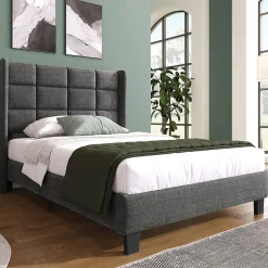 Gutent Lit adulte lit 90x200 cm lit rembourré lit sommier à lattes Single lin gris