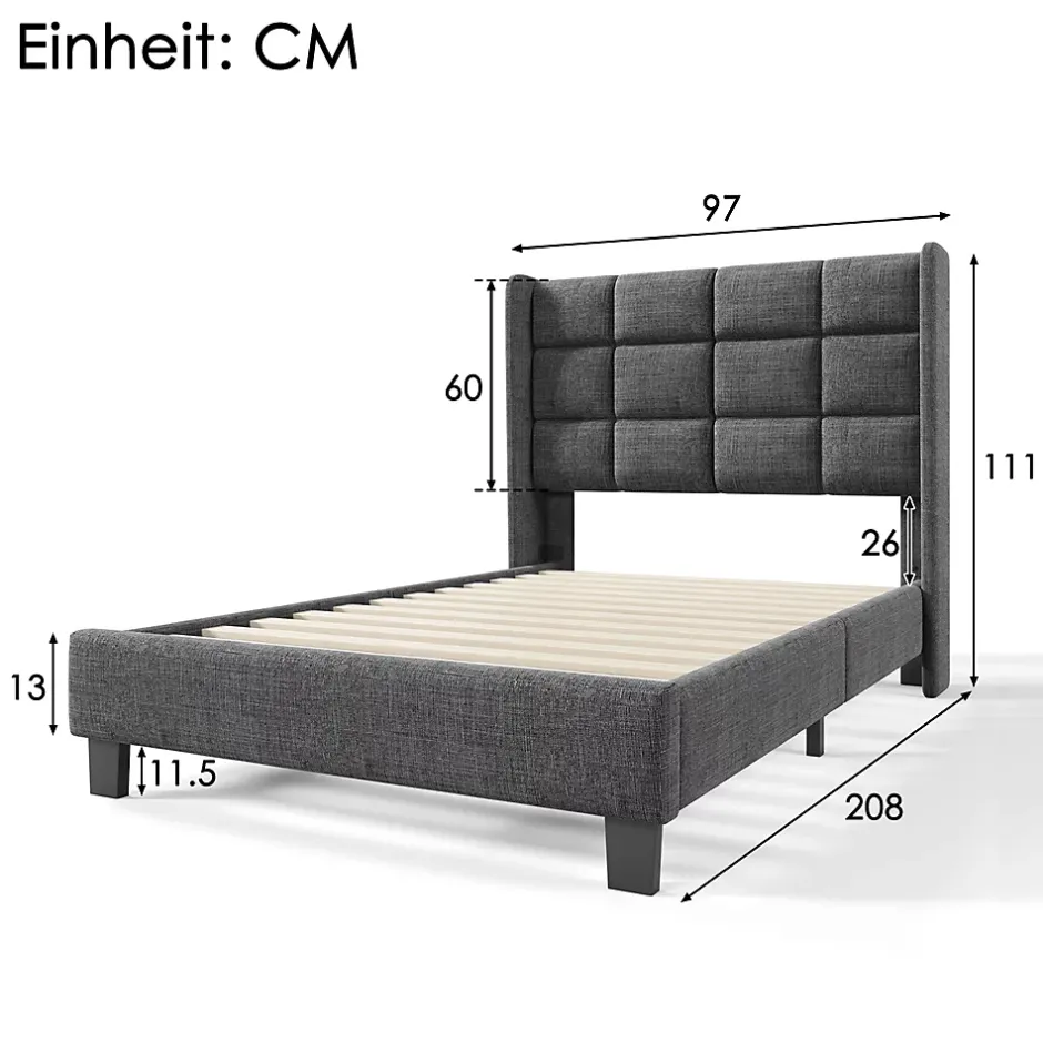 Gutent Lit adulte lit 90x200 cm lit rembourré lit sommier à lattes Single lin gris