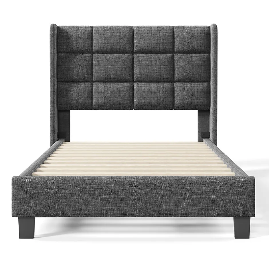 Gutent Lit adulte lit 90x200 cm lit rembourré lit sommier à lattes Single lin gris