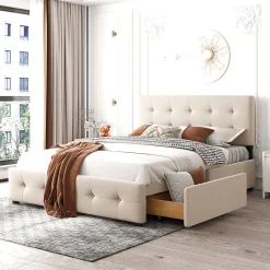 Gutent Lit adulte lit 140x200 cm lit rembourré avec tiroirs et sommier à lattes lit double velours beige