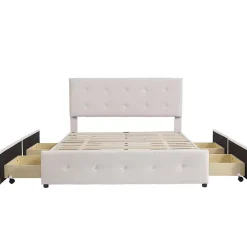 Gutent Lit adulte lit 140x200 cm lit rembourré avec tiroirs et sommier à lattes lit double velours beige