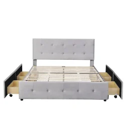 Gutent Lit adulte lit 140x200 cm lit rembourré avec tiroirs et sommier à lattes lit double velours gris