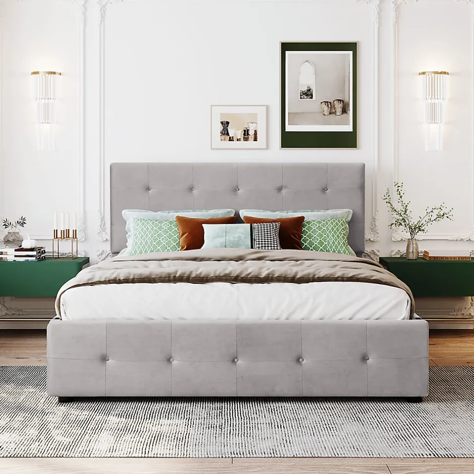Gutent Lit adulte lit 140x200 cm lit rembourré avec tiroirs et sommier à lattes lit double velours gris