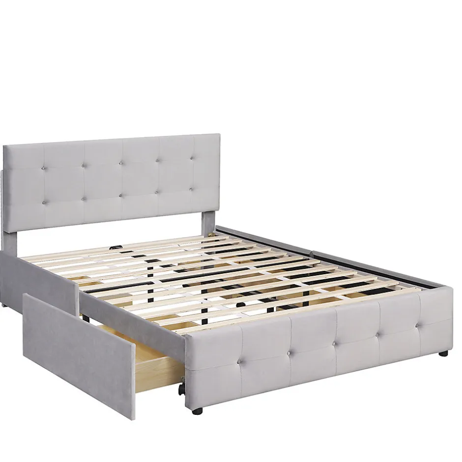 Gutent Lit adulte lit 140x200 cm lit rembourré avec tiroirs et sommier à lattes lit double velours gris