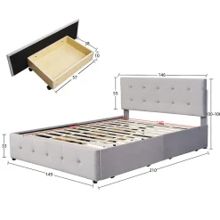 Gutent Lit adulte lit 140x200 cm lit rembourré avec tiroirs et sommier à lattes lit double velours gris