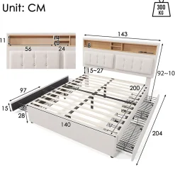 Gutent Lit adulte lit 140x200 cm lit rembourré avec quatre tiroirs avec sommier à lattes en bois lit double lin beige Sale