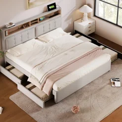 Gutent Lit adulte lit 140x200 cm lit rembourré avec quatre tiroirs avec sommier à lattes en bois lit double lin beige Sale