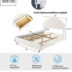 Gutent Lit adulte lit 140x200 cm lit rembourré lit cadre à lamelles lit 4 compartiments de rangement lit double velours beige Online