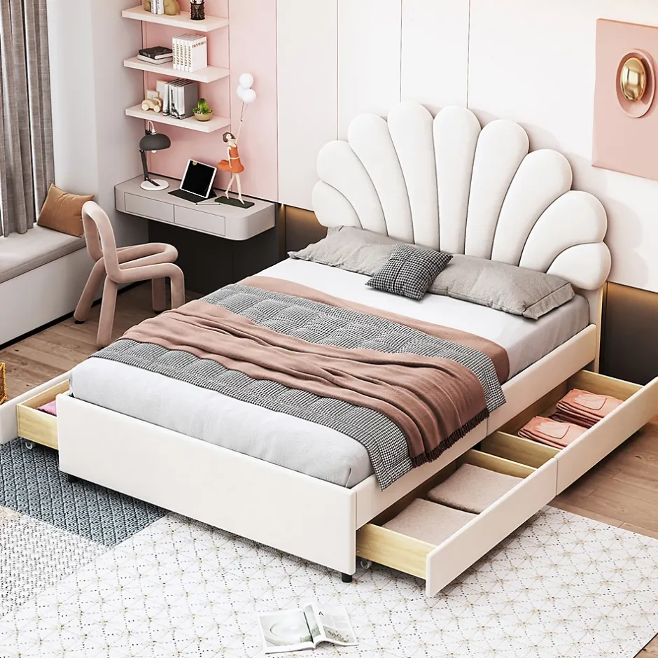 Gutent Lit adulte lit 140x200 cm lit rembourré lit cadre à lamelles lit 4 compartiments de rangement lit double velours beige Online