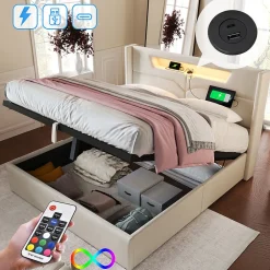 Gutent Lit adulte lit 160x200 cm lit rembourré lit de rangement lit sommier à lattes en bois lit double lin beige