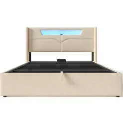 Gutent Lit adulte lit 160x200 cm lit rembourré lit de rangement lit sommier à lattes en bois lit double lin beige