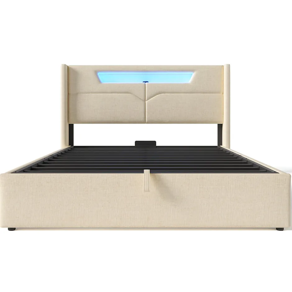 Gutent Lit adulte lit 160x200 cm lit rembourré lit de rangement lit sommier à lattes en bois lit double lin beige