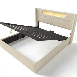 Gutent Lit adulte lit 160x200 cm lit rembourré lit de rangement lit sommier à lattes en bois lit double lin beige