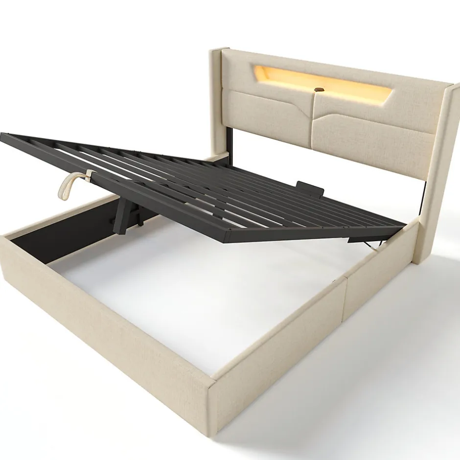 Gutent Lit adulte lit 160x200 cm lit rembourré lit de rangement lit sommier à lattes en bois lit double lin beige
