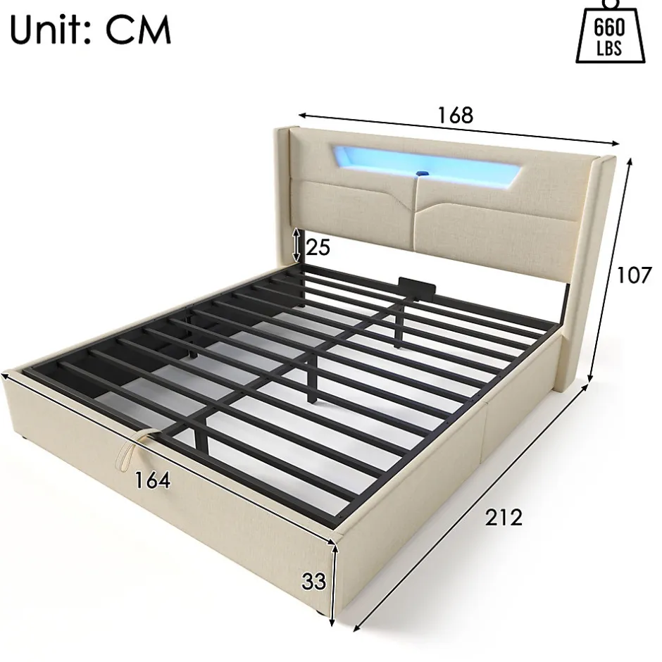 Gutent Lit adulte lit 160x200 cm lit rembourré lit de rangement lit sommier à lattes en bois lit double lin beige
