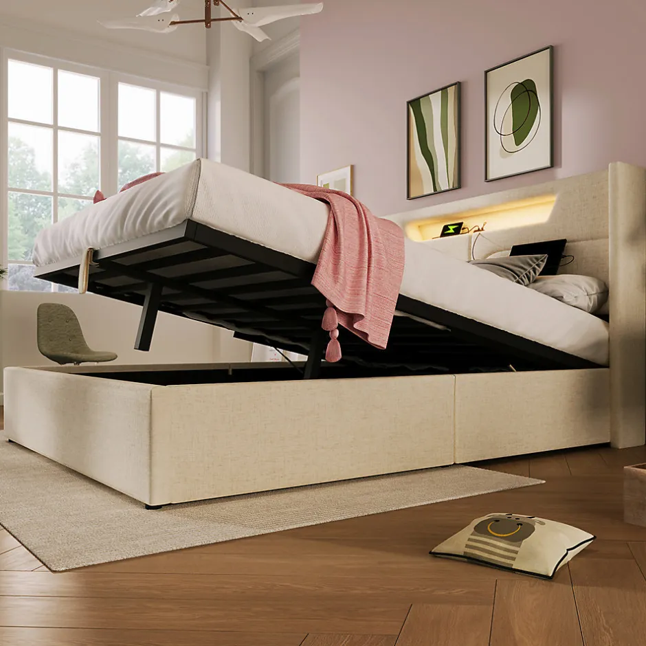 Gutent Lit adulte lit 160x200 cm lit rembourré lit de rangement lit sommier à lattes en bois lit double lin beige