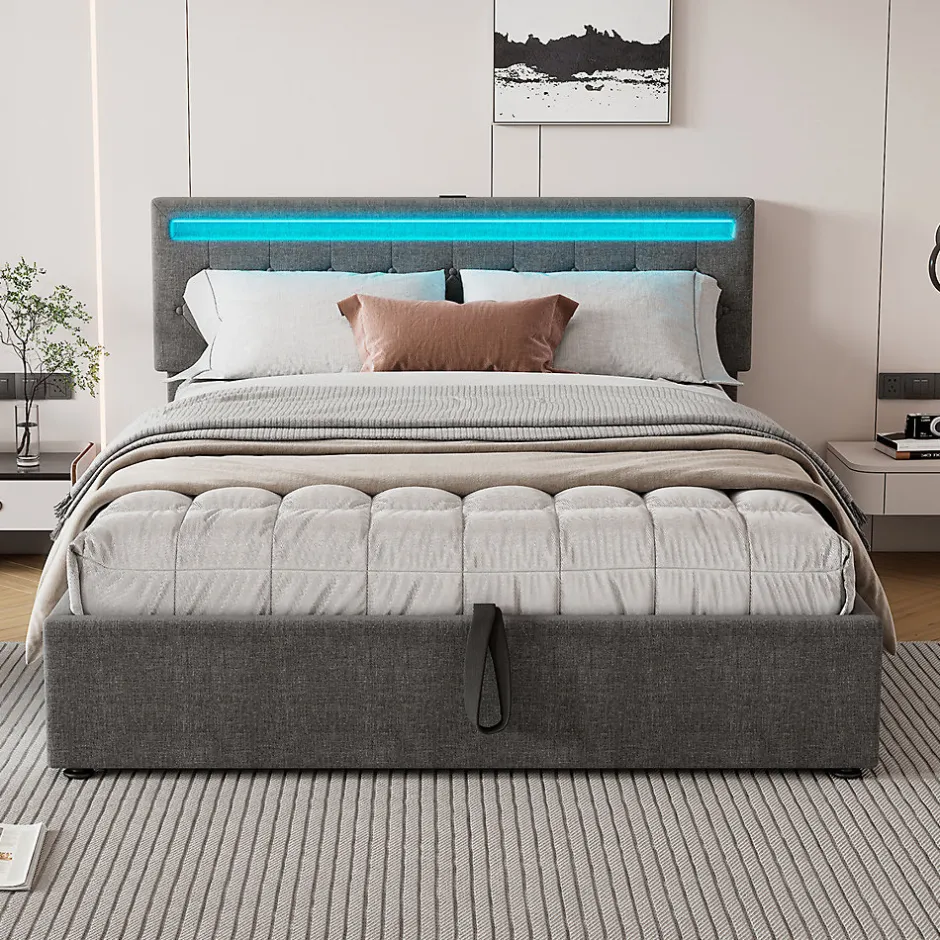 Gutent Lit adulte lit 160x200 cm lit rembourré lit de rangement avec lumière ambiante lit double lin gris