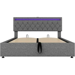 Gutent Lit adulte lit 160x200 cm lit rembourré lit de rangement avec lumière ambiante lit double lin gris