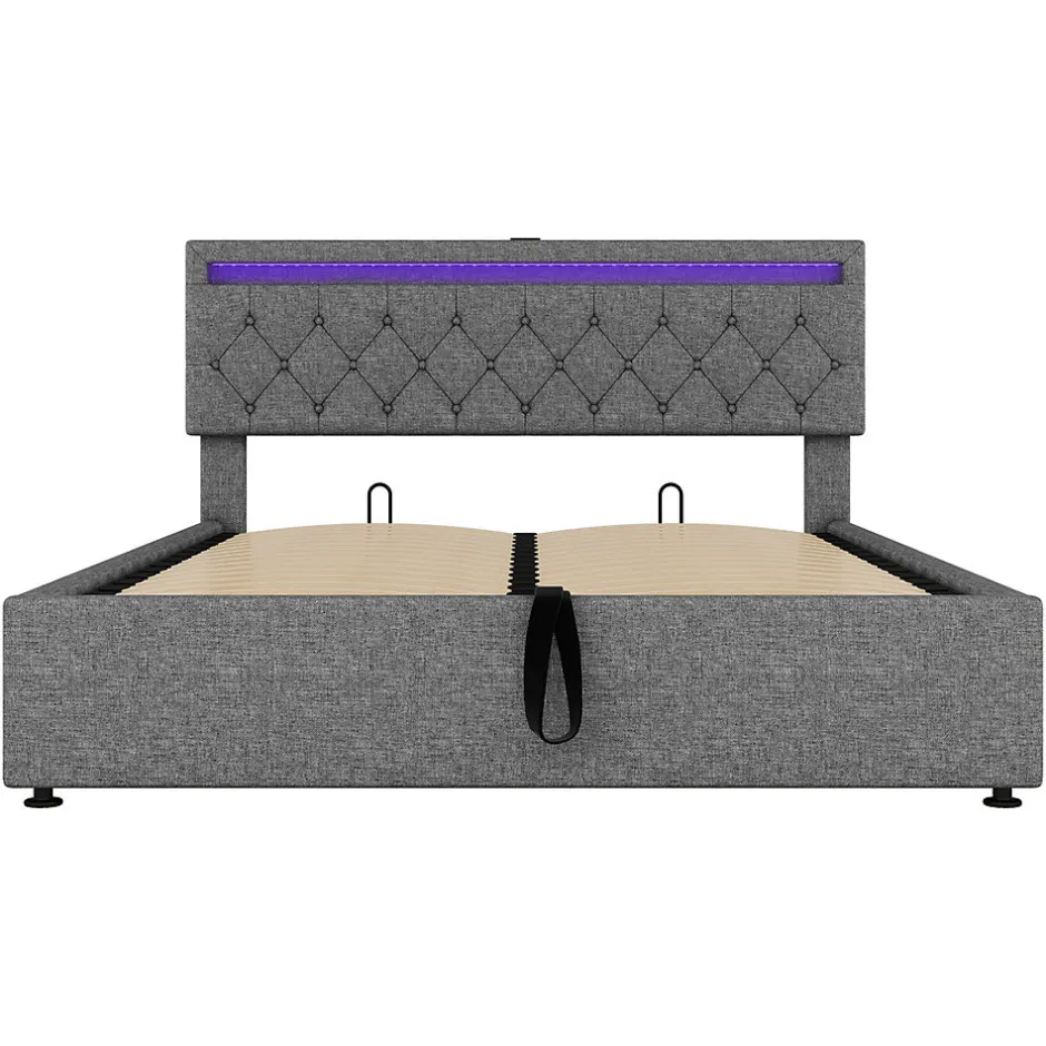 Gutent Lit adulte lit 160x200 cm lit rembourré lit de rangement avec lumière ambiante lit double lin gris