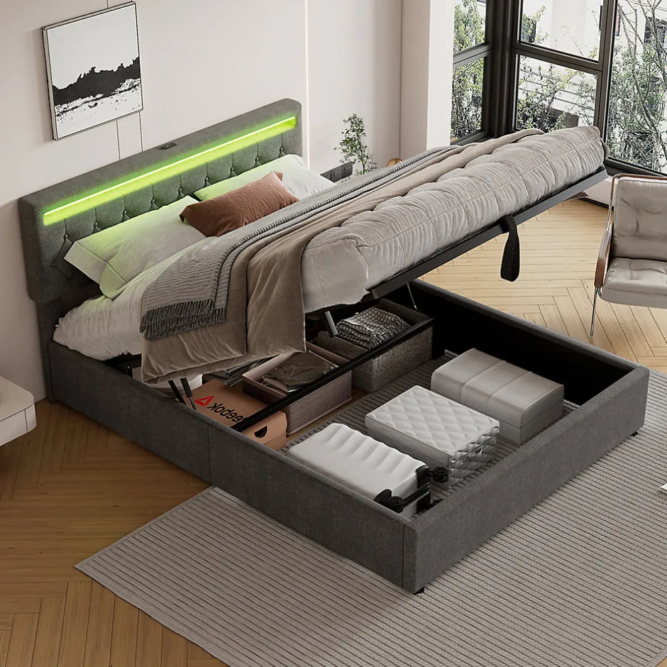 Gutent Lit adulte lit 160x200 cm lit rembourré lit de rangement avec lumière ambiante lit double lin gris