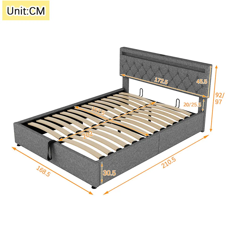 Gutent Lit adulte lit 160x200 cm lit rembourré lit de rangement avec lumière ambiante lit double lin gris
