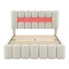 Gutent Lit adulte lit 160x200 cm lit rembourré avec barre lumineuse led lit 4 tiroirs avec usb et chaîne stéréo lit double velours beige