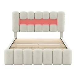 Gutent Lit adulte lit 160x200 cm lit rembourré avec barre lumineuse led lit 4 tiroirs avec usb et chaîne stéréo lit double velours beige