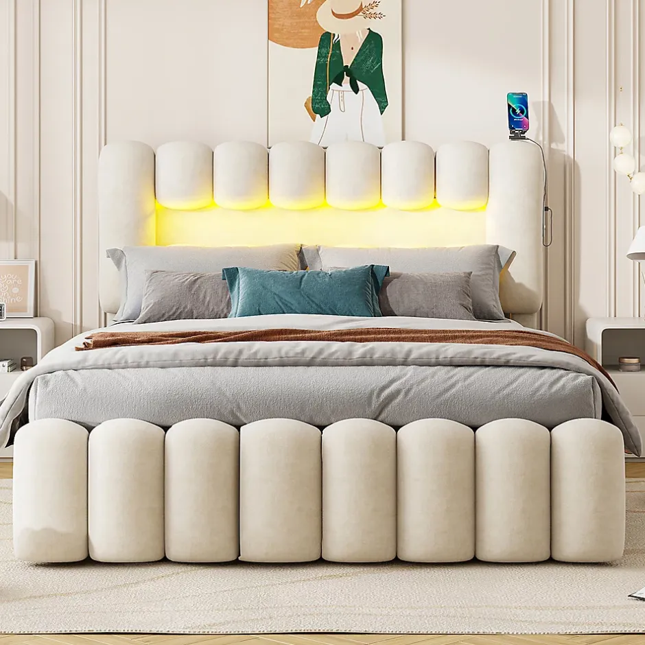 Gutent Lit adulte lit 160x200 cm lit rembourré avec barre lumineuse led lit 4 tiroirs avec usb et chaîne stéréo lit double velours beige