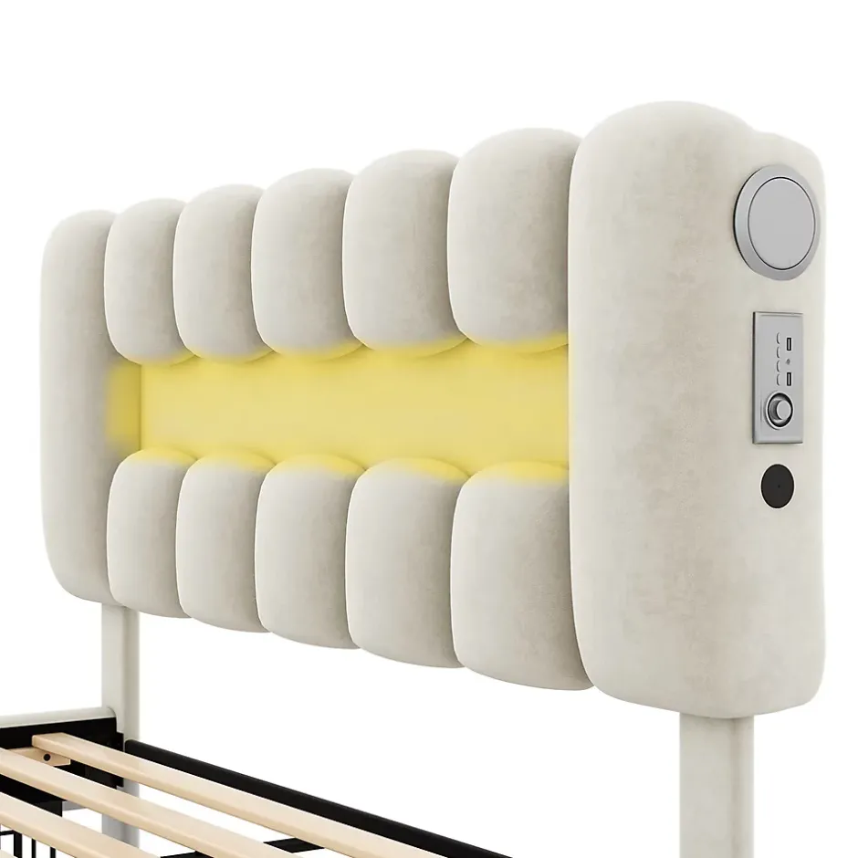 Gutent Lit adulte lit 160x200 cm lit rembourré avec barre lumineuse led lit 4 tiroirs avec usb et chaîne stéréo lit double velours beige