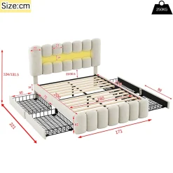 Gutent Lit adulte lit 160x200 cm lit rembourré avec barre lumineuse led lit 4 tiroirs avec usb et chaîne stéréo lit double velours beige