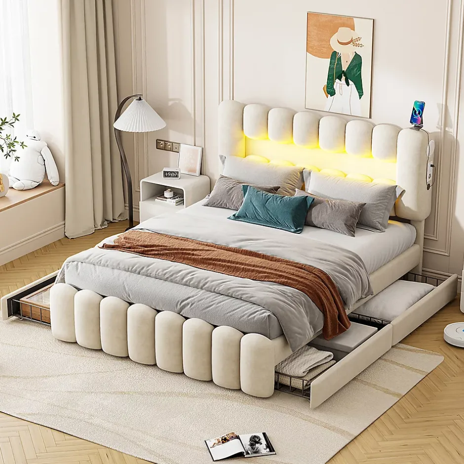 Gutent Lit adulte lit 160x200 cm lit rembourré avec barre lumineuse led lit 4 tiroirs avec usb et chaîne stéréo lit double velours beige