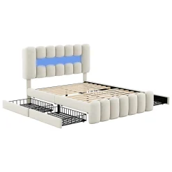 Gutent Lit adulte lit 160x200 cm lit rembourré avec barre lumineuse led lit 4 tiroirs avec usb et chaîne stéréo lit double velours beige