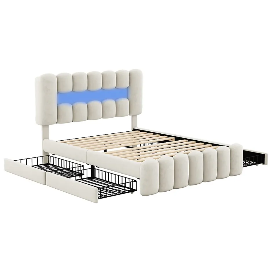 Gutent Lit adulte lit 160x200 cm lit rembourré avec barre lumineuse led lit 4 tiroirs avec usb et chaîne stéréo lit double velours beige