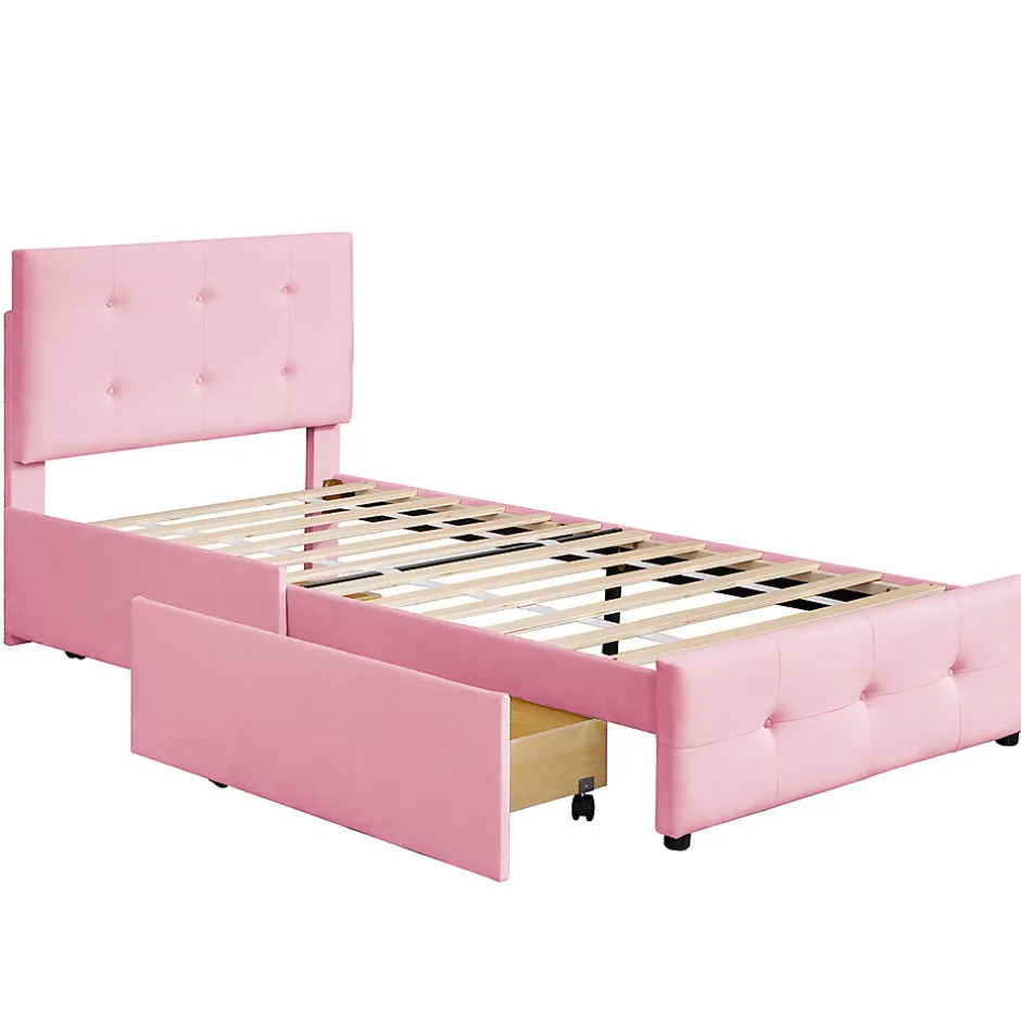 Gutent Lit adulte lit 90x200 cm lit rembourré lit 2 tiroirs lit sommier à lattes Single tissu en velours rose