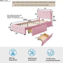 Gutent Lit adulte lit 90x200 cm lit rembourré lit 2 tiroirs lit sommier à lattes Single tissu en velours rose