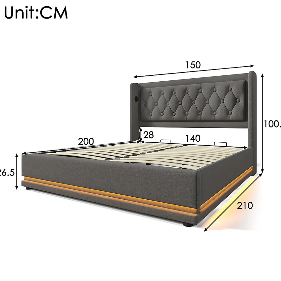 Gutent Lit adulte lit 140x200 cm lit rembourré hydraulique lit de rangement lit double coton gris