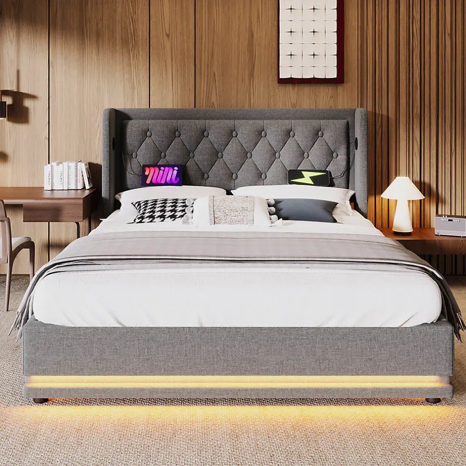 Gutent Lit adulte lit 140x200 cm lit rembourré hydraulique lit de rangement lit double coton gris