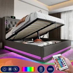 Gutent Lit adulte lit 160x200 cm lit rembourré hydraulique lit de rangement lit double coton gris