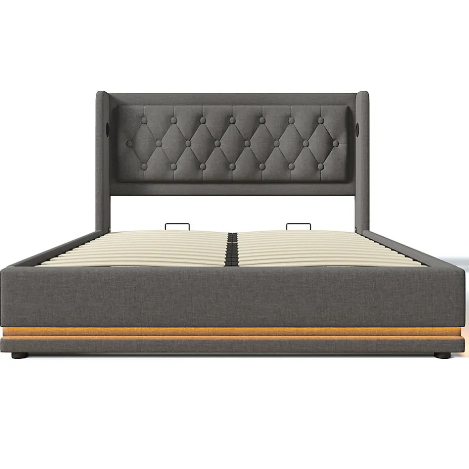 Gutent Lit adulte lit 160x200 cm lit rembourré hydraulique lit de rangement lit double coton gris