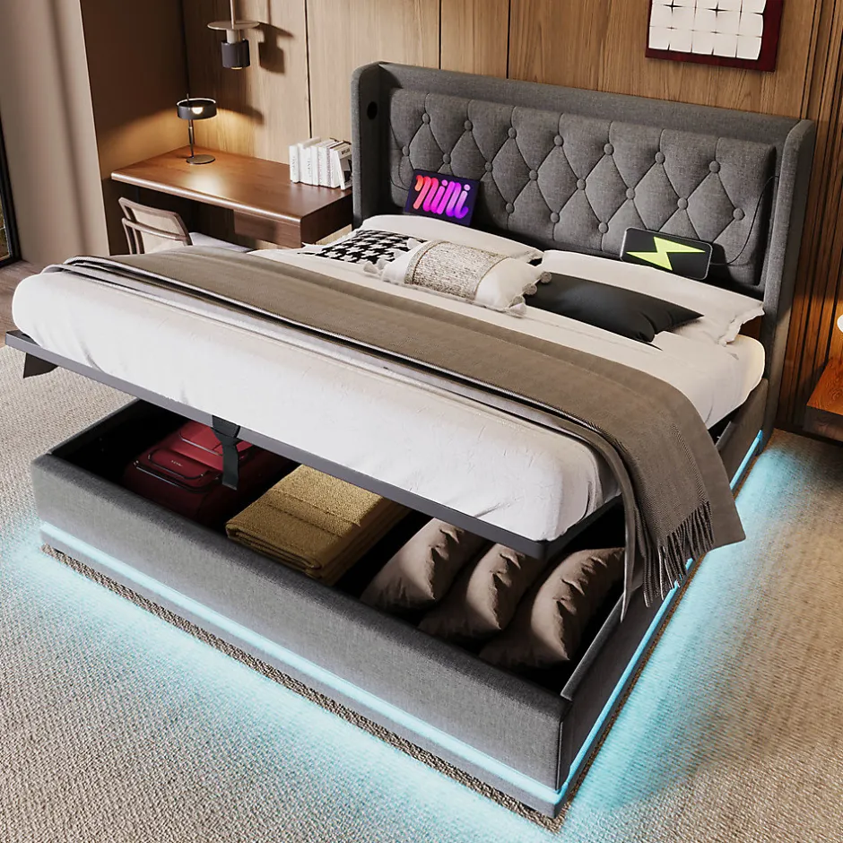 Gutent Lit adulte lit 160x200 cm lit rembourré hydraulique lit de rangement lit double coton gris