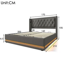 Gutent Lit adulte lit 160x200 cm lit rembourré hydraulique lit de rangement lit double coton gris