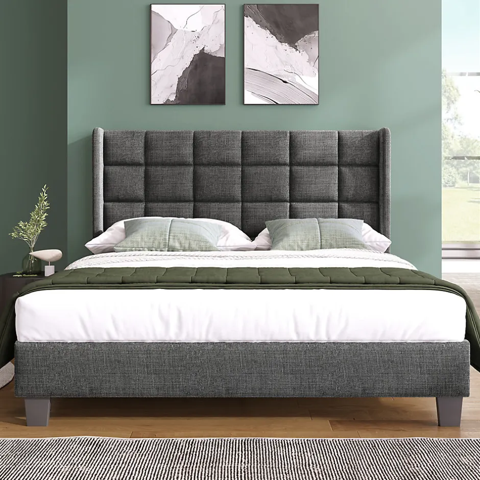 Gutent Lit adulte lit 140x200 cm lit rembourré lit sommier à lattes lit double lin gris