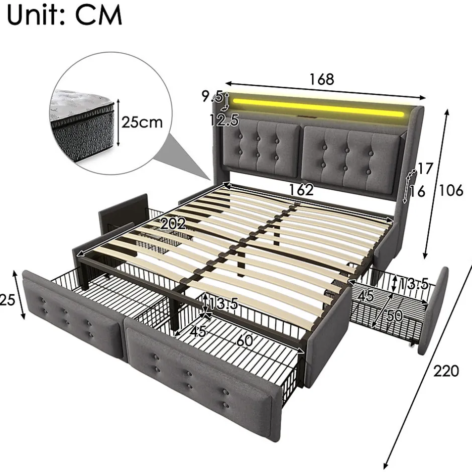 Gutent Lit adulte lit 160x200 cm lit rembourré lit 4 tiroirs lit de rangement avec sommier à lattes en bois lit double coton lin gris
