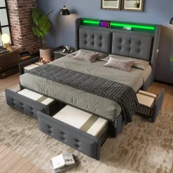 Gutent Lit adulte lit 160x200 cm lit rembourré lit 4 tiroirs lit de rangement avec sommier à lattes en bois lit double coton lin gris