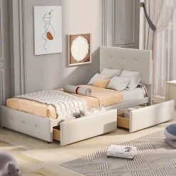 Gutent Lit adulte lit 90x200 cm lit rembourré lit 2 tiroirs lit sommier à lattes Single tissu en velours beige Clearance
