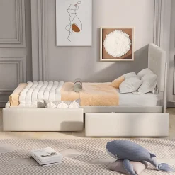 Gutent Lit adulte lit 90x200 cm lit rembourré lit 2 tiroirs lit sommier à lattes Single tissu en velours beige Clearance