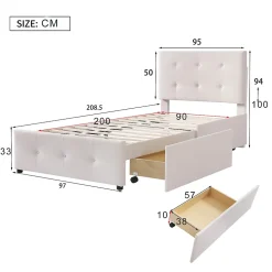 Gutent Lit adulte lit 90x200 cm lit rembourré lit 2 tiroirs lit sommier à lattes Single tissu en velours beige Clearance