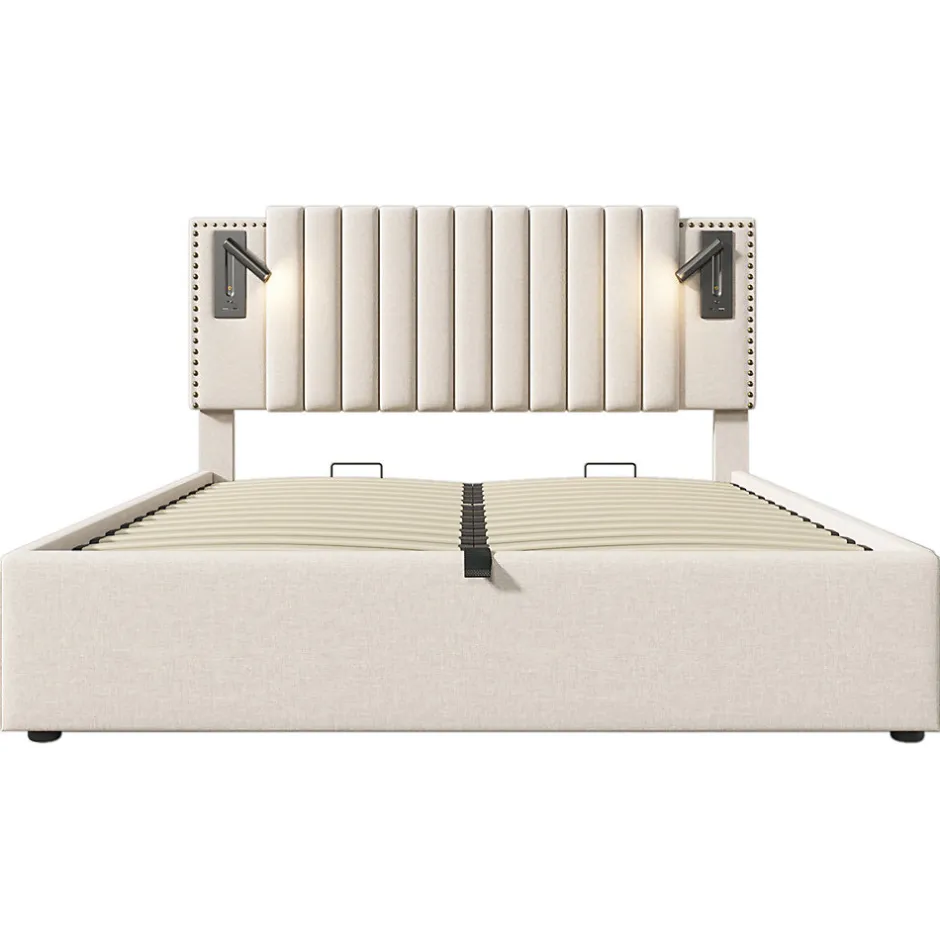 Gutent Lit adulte lit 140x200 cm lit rembourré lit de rangement avec sommier à lattes lit double coton beige